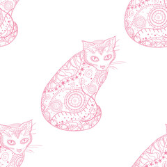Cat. Seamless pattern. Zentangle. Hand drawn cat with abstract patterns on isolation background. Design for spiritual relaxation for adults. Art creative. Outline for tattoo, printing on t-shirts