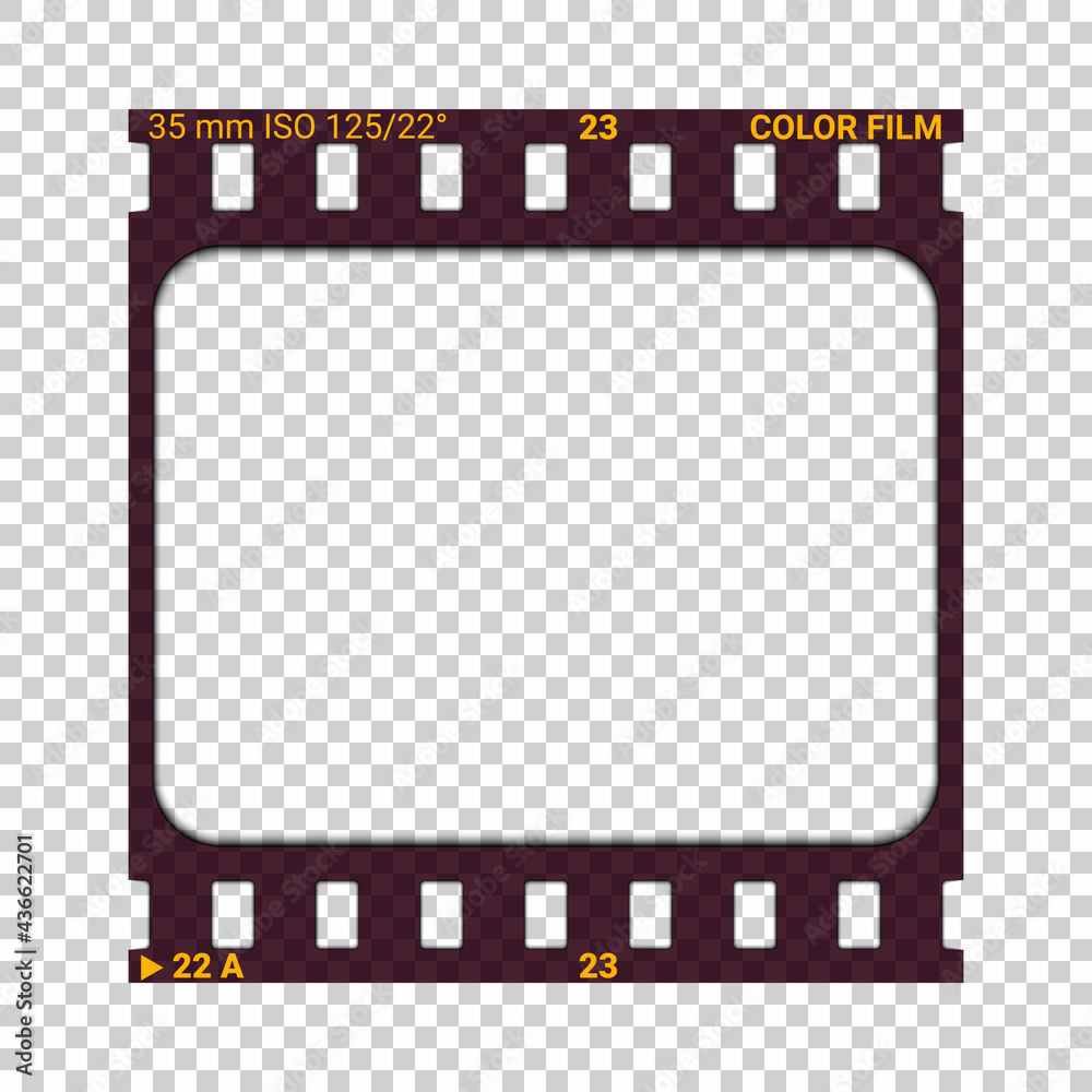 Photographic film slide. Realistic vector illustration with shadow on transparent background. Blank vintage photo frame. Individual sheet of transparent film with double perforations, 35mm width.