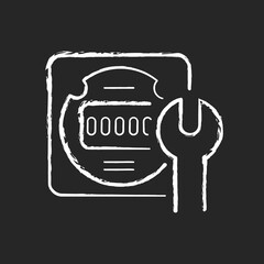 Poster - Electrical meter repair chalk white icon on dark background. Clock-like device installation. Energy meter maintenance. House, accommodation. Isolated vector chalkboard illustration on black