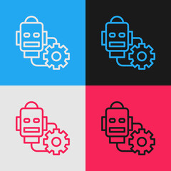 Poster - Pop art line Robot setting icon isolated on color background. Artificial intelligence, machine learning, cloud computing. Vector