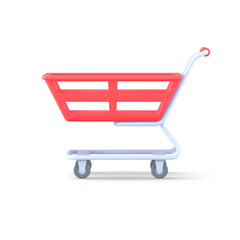 Poster - Empty trolley for 3d purchases vector icon. Metallic marketing container wheels with red plastic basket.