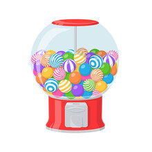 Gumball Machine, Red Dispenser With Striped Bubble Gums. Vector Cartoon Illustration Of Vending Machine With Clear Container Full Of Round Chewing Candies And Sweets Isolated On White Background