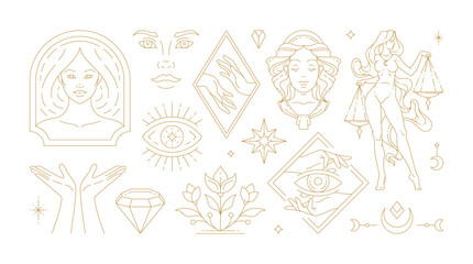 Magic woman boho vector illustrations of graceful feminine women and esoteric symbols set