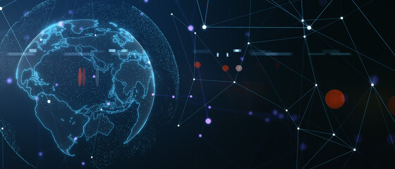 Aufkleber - Business cloud computing concept with digital the Earth model and cloud icon with growing arrow inside on abstract dark background with lines and dots. 3D rendering
