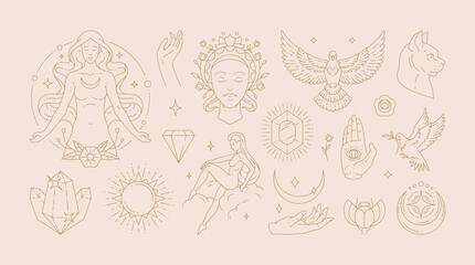 Wall Mural - Magic woman boho vector illustrations of graceful feminine women and esoteric symbols set.