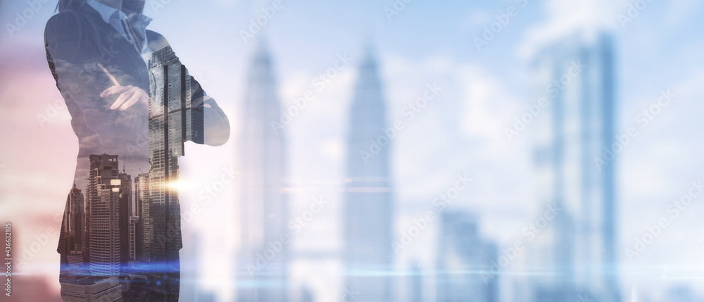 Businesswoman standing on blurry New York city background. Success and leadership concept. Multiexposure. - obrazy, fototapety, plakaty 