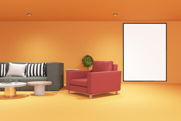 Blank white poster in black frame on orange wall in rest area of modern office with stylish plain sofa, red armchair and coffee tables. 3D rendering, mockup