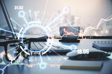 Poster - Blockchain and crypto currency market exchange concept with digital stock market chart graphs and glowing technological circle with numbers on office workspace table background. Double exposure.
