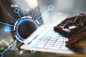 Aufkleber - Close up of hands using laptop with abstract digital business forex chart. Trade concept. Double exposure.