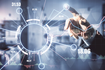 Poster - Stock market exchange concept with blockchain technology circle and man finger on digital touch screen with forex market chart.