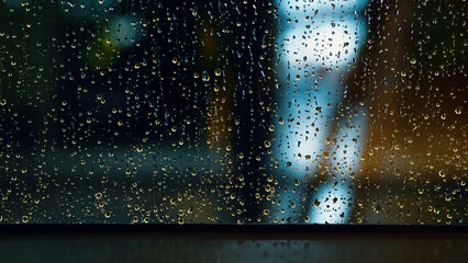 Wall Mural - Rain drop on window at night. Condominium or apartment living room window on rainy season night in Bangkok Thailand. Outside window is blurred bokeh of raining city light and natural tree and sky. 