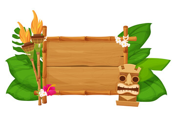 Tiki tribal hawaiian mask, statuette with human face on bamboo wooden frame with torch in cartoon style decorated exotic, palm leaves isolated on white background. God from ancient of Hawaii. 