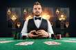 © Aliaksandr Marko - Male dealer at the casino at the table. Casino concept, gambling, poker, chips on the green casino table.