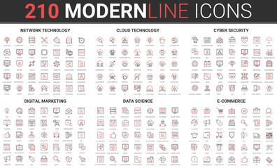 Poster - Internet network connection cloud technology, cyber security, digital marketing thin red black line icon vector illustration set. Data science storage information, online commerce, shopping collection
