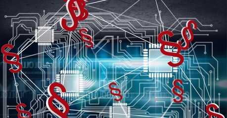 composition of connected red legal code symbols over motherboard and microchips on black