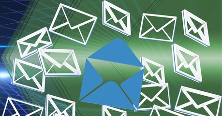 Poster - Composition of blue open envelope and white envelope email icons on shiny green with blue lines