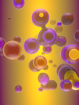 3d rendering digital illustration with multi colored shapes. Floating liquid blobs with depth of field