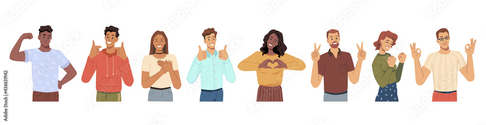 Cheerful men and women gesturing and smiling. Heart sing and thumb up approval symbol, okay and love, luck and success. Male and female characters, young teenagers personages, flat cartoon vector - obrazy, fototapety, plakaty 