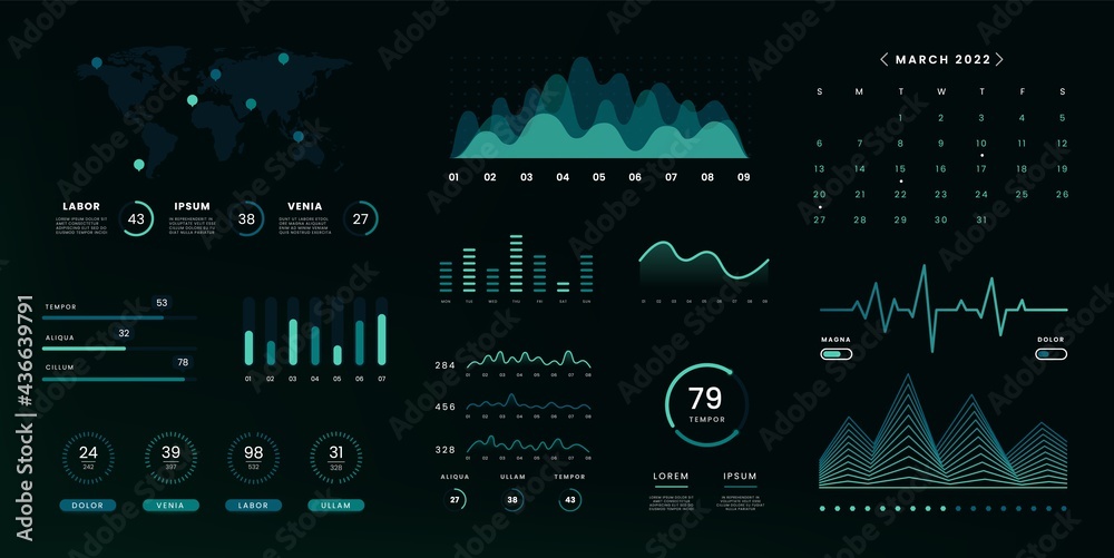 UI infographic data screen. Admin panel with graphs charts diagrams ...