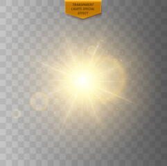 Wall Mural - glowing star. sun with rays. golden glowing light effect isolated on transparent background. sun fla