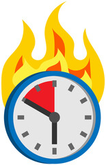 Burning clock isolated on white background. Few minutes left until end of term. Clock shows remaining time to deal with deadlines. Watch with arrows burning on fire. Lack of time and deadline at work