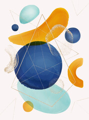 Poster - Abstract and geometric shapes on poster, brushes and gold glitter decoration. Wallpapers and background with circle and triangles. Minimalist contemporary cover design. realistic cartoon vector
