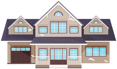 Wall Mural - Grey residential building, house with garage. Architectural structure made of bricks and covered with roof tiles. Large building with windows, fence and decorations. Brick house vector illustration