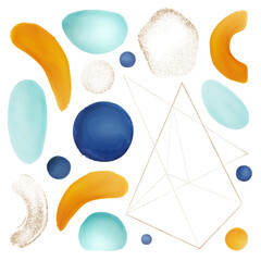 Aufkleber - Watercolor shapes and brushes, geometric forms abstract design elements set for cover. Textures and decoration, triangle and circles, circles and lines gold glitter in realistic style cartoon vector