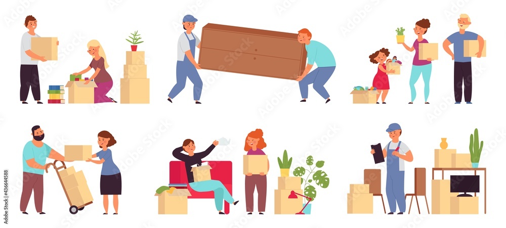 People moving in new home. Help transportation, delivery company move sofa. Couple relocation, family with packages and furniture decent vector set - obrazy, fototapety, plakaty 