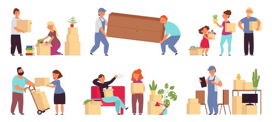 Wall Mural - People moving in new home. Help transportation, delivery company move sofa. Couple relocation, family with packages and furniture decent vector set