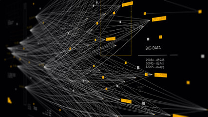 Wall Mural - Big complex data neural network, information data visualization concept, business analytics, technology background, monitor screen in perspective