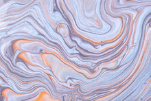 Abstract Fluid Art Background Light Blue And Gray Colors. Liquid Marble. Acrylic Painting On Canvas With Orange Gradient