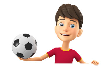 Cartoon character boy in a sports background holding a soccer ball. 3D rendering.