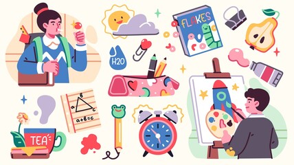 Collection of School illistrations with Cute happy children, school supplies and different decoration elements. Vector set