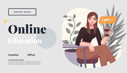 Wall Mural - Landing page template for online courses, distance education, Internet studying, training. Yong female teacher having a lesson. Vector illustration