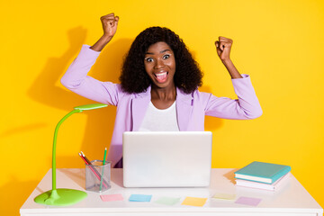 Sticker - Photo of young happy crazy excited smiling afro woman work laptop raise fists in victory isolated on yellow color background