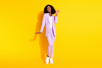 Poster - Full size photo of young beautiful stunning smiling afro businesswoman look copyspace isolated on yellow color background