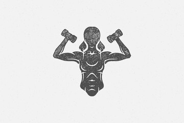 Wall Mural - Powerful sportswoman exercising with dumbbells silhouette hand drawn stamp vector illustration.