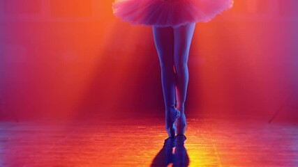 Wall Mural - Ballet dancer's feet, how she practices in pointe shoes exercises on colorful neon spotlight background, Beautiful woman's legs. Ballerina shows classic ballet pas.