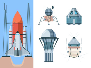 Poster - Astronomy set. Exploring universe science collection shuttle telescope planetarium astronomical buildings antena radio garish vector flat pictures set