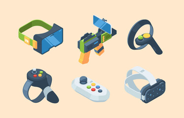 Poster - Isometric virtual reality. Vr gaming guns controllers video attractions 360 degree views funny experience garish vector illustrations 3d set