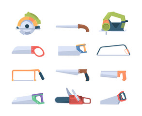 Poster - Steel saws. Handle blades and saws for sawmills production garish vector illustrations isolated