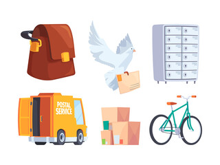 Poster - Postal service. Mailbox letters postal communication items hot newspaper service car garish vector illustrations collection in flat style