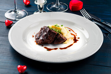 Wall Mural - Grilled beef tenderloin steak with grilled vegetables. Filet Mignon recipe concept