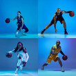 Collage of male and female basketball players, fit people in action and motion isolated on blue background in neon light.