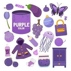 Wall Mural - Vector set of purple color objects. Learn purple color. Illustration of primary colors.
