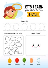 Poster - Handwriting practice sheet. Basic writing. Educational game for children. Learning basic geometric shapes. Oval.
