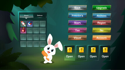  Casual kids game screens. Game assets , beautiful background ,game settings and menu buttons.100% editable Zip file contains Jpg and Eps.