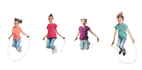 Wall Mural - Cute happy children with jumping ropes on white background, collage. Banner design