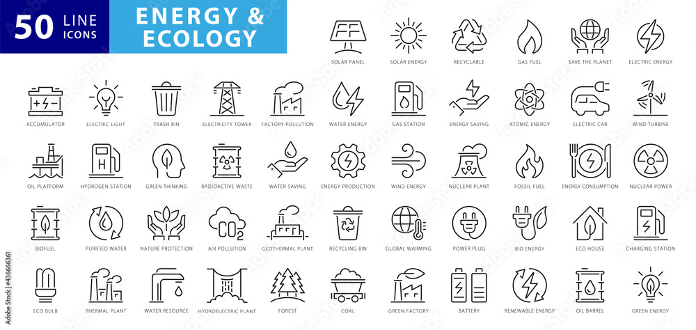 Set of green energy thin line icons. Icons for renewable energy, green technology. Design elements for you projects. Vector illustration - obrazy, fototapety, plakaty 